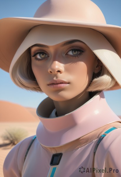 1girl,solo,looking at viewer,short hair,brown hair,hat,brown eyes,closed mouth,upper body,outdoors,sky,day,artist name,blurry,blue sky,lips,eyelashes,blurry background,white headwear,bob cut,portrait,zipper,freckles,sun hat,realistic,nose,desert,signature,close-up,cowboy hat