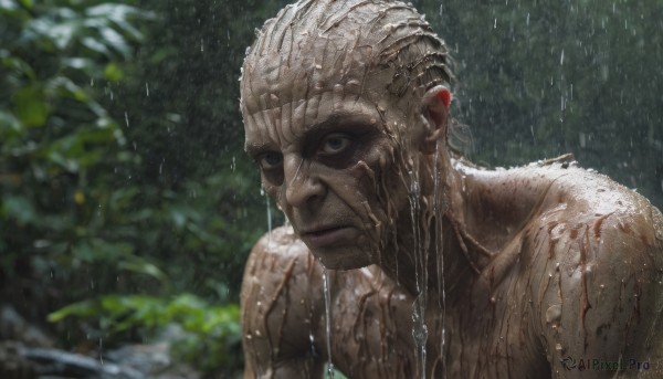 solo, 1boy, closed mouth, upper body, male focus, outdoors, blurry, black eyes, wet, blurry background, rain, realistic