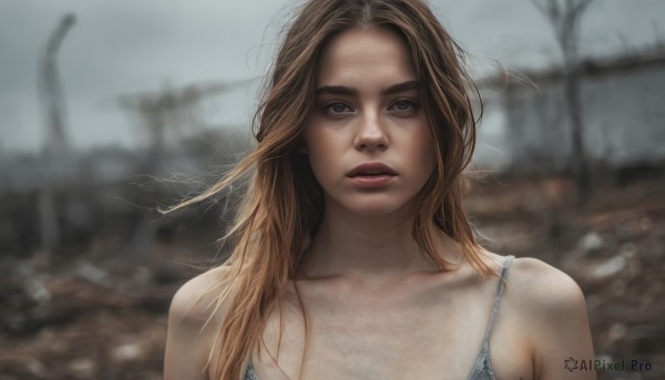 1girl,solo,long hair,breasts,looking at viewer,blue eyes,blonde hair,brown hair,bare shoulders,collarbone,swimsuit,upper body,bikini,outdoors,parted lips,teeth,mole,blurry,lips,blurry background,messy hair,freckles,mole on breast,realistic,open mouth,bra,depth of field,thick eyebrows,portrait,dirty,grey sky