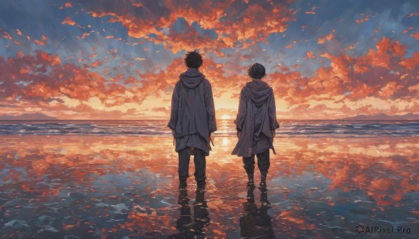 short hair,black hair,long sleeves,standing,jacket,male focus,outdoors,multiple boys,sky,pants,cloud,hood,2boys,water,from behind,coat,hoodie,ocean,black pants,sunlight,white jacket,hood down,cloudy sky,scenery,hooded jacket,wading,reflection,walking,sunset,arms at sides,horizon,facing away,ripples,brothers,twilight,reflective water,pants rolled up