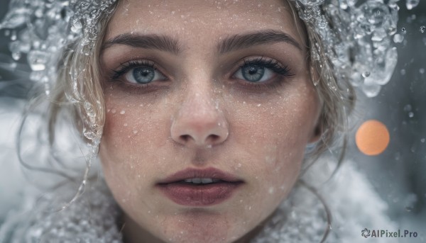 1girl,solo,looking at viewer,blue eyes,brown hair,hair ornament,parted lips,teeth,blurry,lips,grey eyes,eyelashes,thick eyebrows,portrait,snow,close-up,snowing,realistic,nose,winter,blonde hair,water,floating hair,depth of field,water drop,straight-on