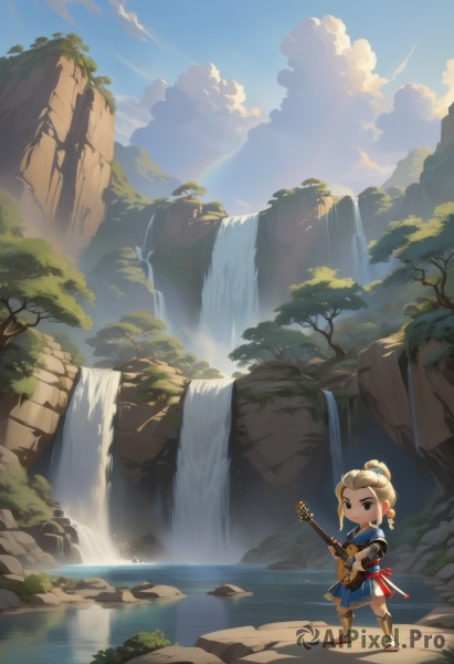 link,solo,blonde hair,gloves,1boy,holding,jewelry,closed mouth,standing,ponytail,weapon,male focus,earrings,boots,outdoors,sky,day,pointy ears,sword,cloud,water,chibi,tree,blue sky,sandals,sheath,instrument,nature,scenery,rock,music,guitar,playing instrument,holding instrument,waterfall,tunic,cliff,1girl,long hair,armor,sheathed