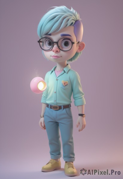 solo,looking at viewer,short hair,simple background,shirt,1boy,jewelry,blue hair,standing,full body,purple hair,male focus,heart,multicolored hair,shoes,glasses,collared shirt,belt,pants,artist name,black eyes,bracelet,two-tone hair,lips,grey eyes,watermark,denim,child,personification,black-framed eyewear,watch,jeans,wristwatch,humanization,1girl,brown eyes