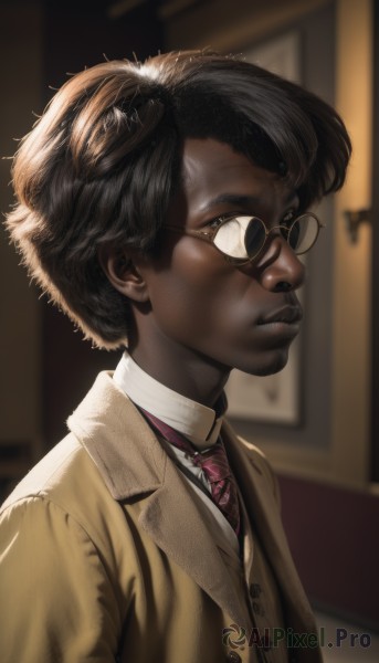 solo,looking at viewer,short hair,brown hair,shirt,black hair,1boy,brown eyes,closed mouth,jacket,white shirt,upper body,male focus,necktie,glasses,collared shirt,artist name,indoors,dark skin,blurry,vest,lips,buttons,blurry background,formal,dark-skinned male,suit,red necktie,brown jacket,realistic,nose,round eyewear,very dark skin