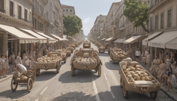 nude,outdoors,food,multiple boys,sky,day,tree,no humans,shadow,ground vehicle,building,scenery,motor vehicle,6+boys,city,car,road,street,crowd,what,truck,people,multiple girls,cloud,6+girls,basket,bread,bicycle