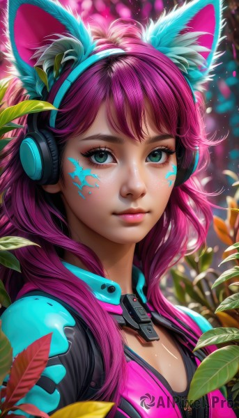 1girl,solo,long hair,breasts,looking at viewer,bangs,animal ears,cleavage,closed mouth,green eyes,upper body,pink hair,purple hair,shiny,artist name,cat ears,blurry,lips,eyelashes,makeup,depth of field,blurry background,fake animal ears,headphones,leaf,watermark,facial mark,plant,lipstick,portrait,web address,eyeshadow,freckles,pink lips,nose,eyeliner,whisker markings,mascara,animal ear headphones,cat ear headphones,fox ears,realistic,facepaint