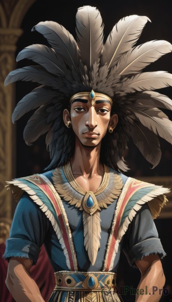 solo,long hair,looking at viewer,brown hair,black hair,1boy,brown eyes,jewelry,upper body,male focus,earrings,dark skin,blurry,black eyes,lips,blurry background,dark-skinned male,feathers,headdress,feather hair ornament,hair ornament,closed mouth,short sleeves,gem,circlet