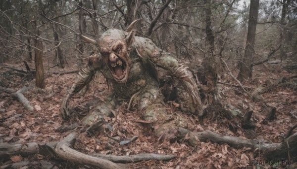 solo,open mouth,1boy,weapon,male focus,outdoors,horns,teeth,pointy ears,tree,no humans,blood,fangs,nature,forest,monster,zombie,silk,spider web,horror (theme),corpse,sword,armor,sharp teeth,scenery,fantasy,arrow (projectile)