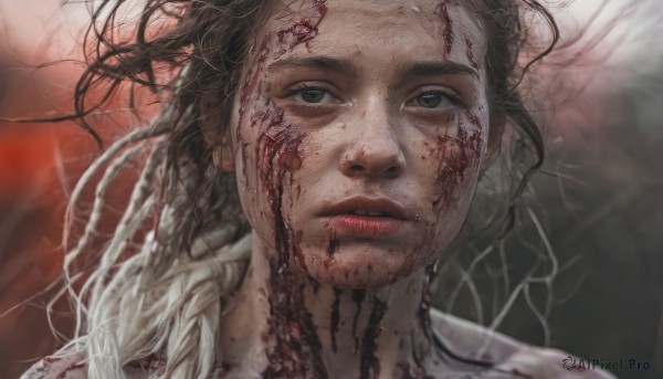 1girl,solo,long hair,looking at viewer,blue eyes,brown hair,black hair,brown eyes,closed mouth,braid,parted lips,blurry,lips,blood,blurry background,messy hair,portrait,injury,blood on face,realistic,1boy,male focus,black eyes,floating hair,expressionless,close-up