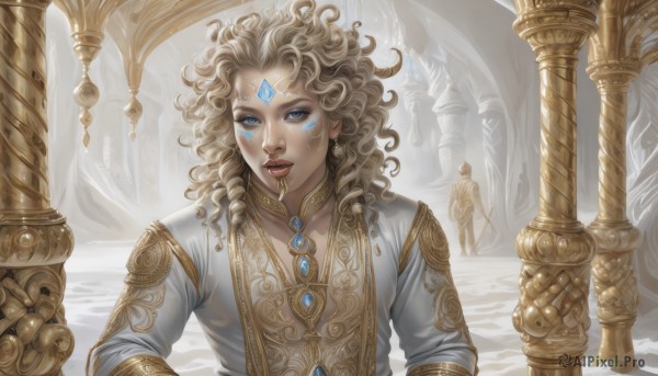 1girl,solo,long hair,looking at viewer,blue eyes,blonde hair,long sleeves,1boy,jewelry,standing,upper body,weapon,male focus,earrings,parted lips,multiple boys,solo focus,sword,necklace,lips,eyelashes,makeup,facial mark,gem,snow,curly hair,forehead mark,facial tattoo,forehead jewel,pillar,statue,holding,choker,armor,wavy hair,realistic