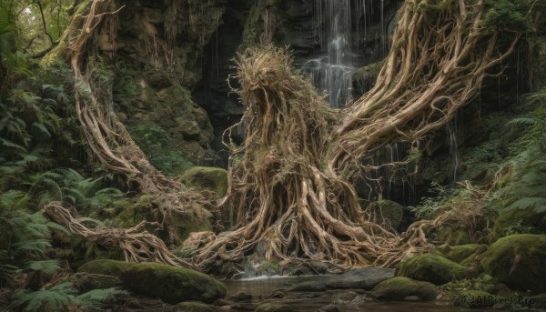 outdoors,water,tree,no humans,leaf,sunlight,plant,nature,scenery,forest,light rays,rock,fantasy,branch,river,waterfall,moss,monster,vines,green theme,cave,overgrown