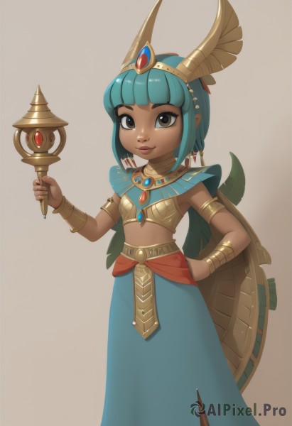 1girl,solo,breasts,looking at viewer,smile,short hair,bangs,skirt,simple background,holding,brown eyes,jewelry,closed mouth,blue hair,standing,weapon,sidelocks,small breasts,midriff,dark skin,blunt bangs,necklace,armor,black eyes,bracelet,dark-skinned female,lips,blue skirt,hand on hip,aqua hair,makeup,bob cut,tiara,staff,gem,armlet,brown background,shield,long skirt,headpiece,holding staff,eyeliner,bracer,neck ring,holding shield,egyptian,egyptian clothes,gorget,long hair,hair ornament,white background,green hair,artist name,hand up,crop top,eyelashes