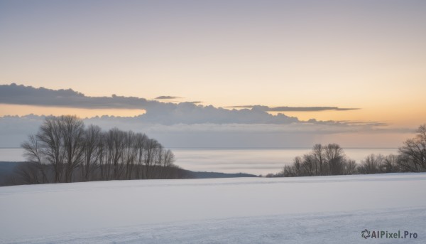 outdoors,sky,cloud,water,tree,blue sky,no humans,ocean,cloudy sky,nature,scenery,snow,forest,reflection,sunset,mountain,horizon,river,evening,landscape,mountainous horizon,lake,gradient sky,orange sky,sunrise,monochrome,greyscale,grass,sun,bare tree