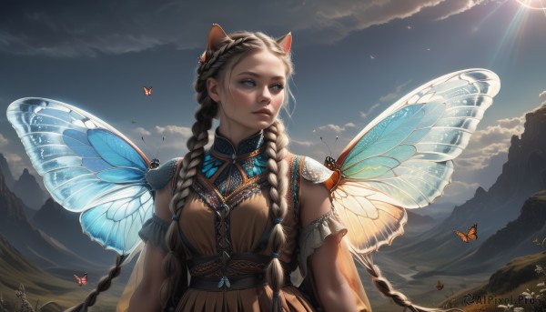 1girl,solo,long hair,breasts,blue eyes,brown hair,dress,animal ears,jewelry,very long hair,upper body,braid,outdoors,parted lips,wings,sky,day,artist name,cloud,cat ears,signature,twin braids,lips,looking to the side,fake animal ears,watermark,looking away,sunlight,cloudy sky,bug,looking up,butterfly,mountain,realistic,nose,fantasy,sun,fairy,looking afar,butterfly wings,mountainous horizon,blue wings,multiple braids,twintails,closed mouth,blue sky,animal,fairy wings