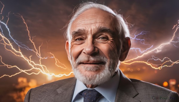 solo,looking at viewer,blue eyes,shirt,1boy,closed mouth,jacket,white shirt,upper body,white hair,grey hair,male focus,necktie,sky,collared shirt,blurry,blurry background,facial hair,formal,suit,portrait,black necktie,beard,realistic,grey jacket,mustache,electricity,manly,old,old man,lightning,wrinkled skin,striped,signature,lips,grey eyes,scar,blue necktie,pinstripe pattern