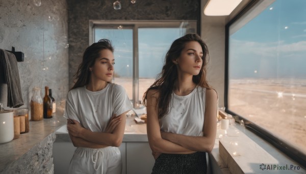 long hair,multiple girls,brown hair,shirt,black hair,2girls,brown eyes,jewelry,closed mouth,white shirt,sky,sleeveless,day,indoors,necklace,cup,lips,window,sleeveless shirt,siblings,crossed arms,bottle,reflection,mirror,realistic,bathroom,kitchen,sink,short sleeves,earrings,looking to the side,t-shirt