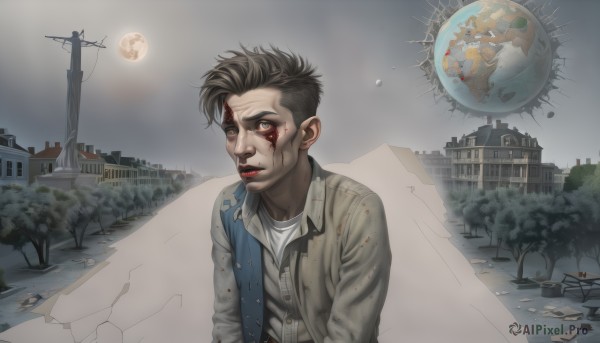 solo,looking at viewer,short hair,brown hair,shirt,black hair,1boy,brown eyes,closed mouth,jacket,white shirt,upper body,male focus,outdoors,sky,collared shirt,tree,blood,moon,building,full moon,injury,blood on face,city,realistic,blood on clothes,bullet hole,vest,torn clothes,makeup,road,facepaint,planet,debris