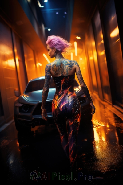 1girl,solo,looking at viewer,short hair,jewelry,standing,pink hair,ass,nude,earrings,looking back,dark skin,from behind,dark-skinned female,bodysuit,tattoo,makeup,night,back,piercing,ground vehicle,motor vehicle,science fiction,car,arm tattoo,cyborg,cyberpunk,back tattoo,sports car,full-body tattoo,breasts,lips,reflection,nose,stud earrings,very short hair,undercut,neon lights