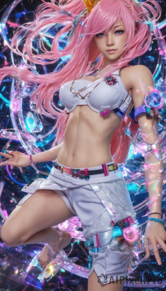 1girl,solo,long hair,breasts,looking at viewer,smile,bangs,blue eyes,large breasts,navel,cleavage,bare shoulders,jewelry,medium breasts,pink hair,parted lips,shorts,barefoot,midriff,belt,stomach,nail polish,bracelet,lips,crop top,short shorts,swept bangs,crown,armlet,white shorts,realistic,hair ornament,twintails,necklace,one side up,watermark,web address,beads,mini crown,bead bracelet