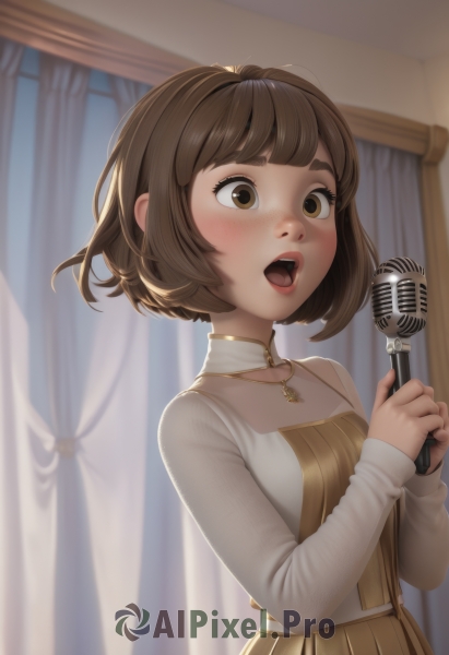 1girl,solo,blush,short hair,open mouth,bangs,skirt,brown hair,shirt,long sleeves,dress,holding,brown eyes,jewelry,white shirt,upper body,teeth,indoors,necklace,lips,upper teeth only,bob cut,curtains,microphone,freckles,music,brown dress,holding microphone,singing,breasts,tongue,blurry,window,thick eyebrows,brown skirt,realistic,nose