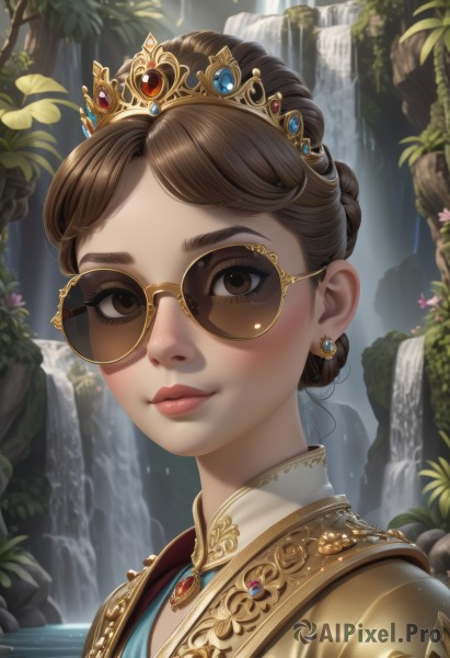 1girl,solo,looking at viewer,smile,short hair,brown hair,dress,brown eyes,jewelry,closed mouth,braid,flower,earrings,outdoors,glasses,day,artist name,signature,water,necklace,hair bun,armor,lips,eyelashes,makeup,leaf,single hair bun,sunglasses,tiara,crown,plant,lipstick,gem,portrait,nature,french braid,freckles,gold trim,pink lips,nose,round eyewear,tinted eyewear,waterfall,blue gemstone,green gemstone,yellow-framed eyewear,brown-framed eyewear,bangs