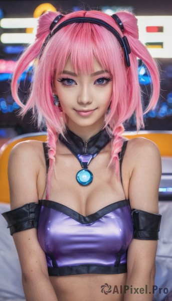 1girl,solo,breasts,looking at viewer,smile,bangs,blue eyes,cleavage,bare shoulders,jewelry,medium breasts,closed mouth,collarbone,upper body,pink hair,hairband,earrings,midriff,necklace,blurry,twin braids,covered nipples,two side up,lips,crop top,makeup,blurry background,headphones,drill hair,freckles,realistic,nose,arm strap,long hair,twintails,detached collar,armband