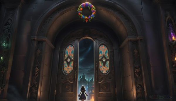 1girl,solo,long hair,dress,twintails,standing,sky,cloud,indoors,from behind,window,night,cloudy sky,scenery,facing away,architecture,pillar,stained glass,church,arch,weapon,flower,hood,night sky,fantasy,candle,wreath