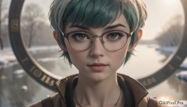 1girl,solo,looking at viewer,short hair,bangs,brown eyes,jewelry,closed mouth,blue hair,earrings,outdoors,green hair,glasses,artist name,necklace,blurry,tree,lips,eyelashes,aqua hair,depth of field,blurry background,portrait,snow,freckles,black-framed eyewear,realistic,nose,round eyewear,brown-framed eyewear,green eyes,jacket,thick eyebrows,semi-rimless eyewear,close-up,brown jacket,stud earrings