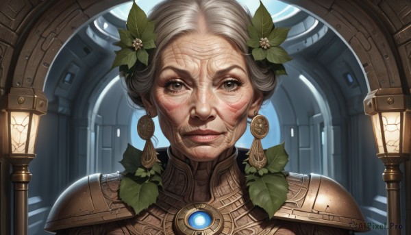 1girl,solo,looking at viewer,smile,short hair,hair ornament,brown eyes,jewelry,closed mouth,upper body,grey hair,earrings,armor,lips,leaf,shoulder armor,gem,portrait,realistic,nose,old,leaf hair ornament,old man,old woman,wrinkled skin,flower,hair flower,pauldrons