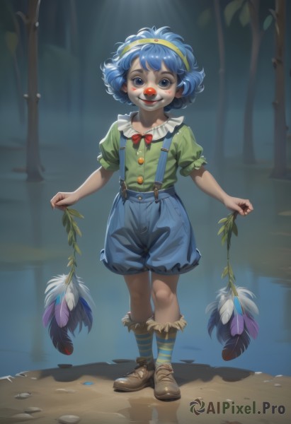 1girl,solo,looking at viewer,smile,short hair,blue eyes,shirt,bow,holding,blue hair,standing,full body,short sleeves,hairband,outdoors,frills,shoes,shorts,socks,striped,puffy sleeves,bowtie,red bow,puffy short sleeves,kneehighs,brown footwear,suspenders,feathers,red bowtie,child,blue shorts,green shirt,overalls,suspender shorts,striped socks,puffy shorts,clown,open mouth,flower,teeth,leaf,holding flower,facepaint