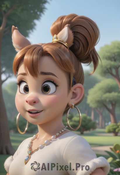 1girl,solo,breasts,smile,open mouth,bangs,brown hair,shirt,animal ears,brown eyes,jewelry,white shirt,upper body,ponytail,flower,short sleeves,earrings,small breasts,outdoors,parted lips,sky,teeth,day,necklace,hair bun,blurry,tree,blue sky,lips,fur trim,depth of field,blurry background,upper teeth only,single hair bun,nature,freckles,hoop earrings,pearl necklace,blush,short hair,artist name,eyelashes,gem,nose,deer ears