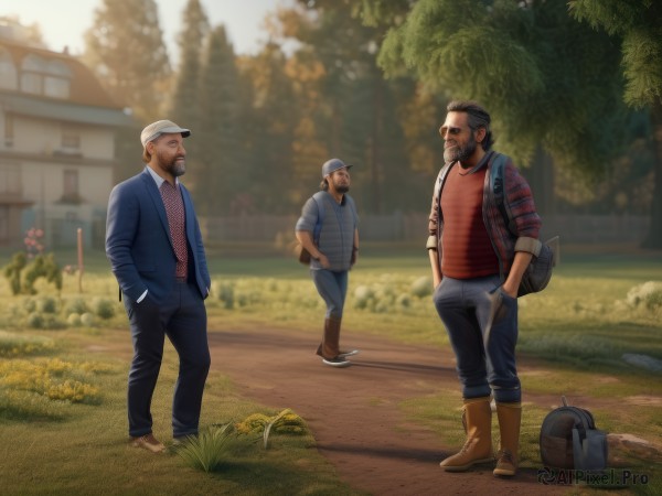 brown hair,shirt,black hair,hat,jacket,male focus,boots,outdoors,multiple boys,open clothes,shoes,day,collared shirt,pants,bag,blurry,looking at another,open jacket,tree,blurry background,facial hair,white headwear,brown footwear,sunglasses,backpack,3boys,grass,blue shirt,denim,blue jacket,building,red shirt,baseball cap,beard,walking,jeans,realistic,hands in pockets,mustache,road,house,arm hair,smile,short hair,full body,2boys,sleeves rolled up,old,plaid shirt,old man,photo background