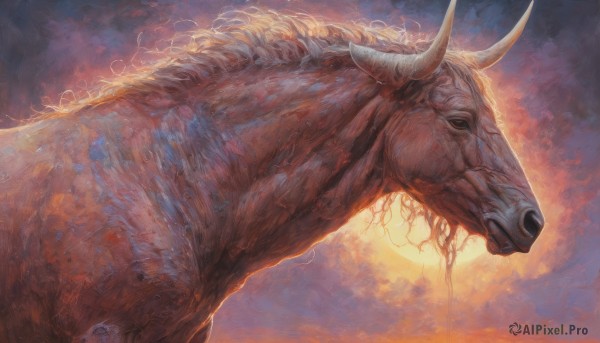 A monster set against the backdrop of a serene sunset outdoors