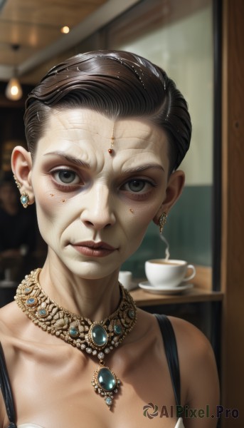 1girl,solo,breasts,looking at viewer,short hair,brown hair,black hair,dress,cleavage,bare shoulders,jewelry,medium breasts,closed mouth,collarbone,upper body,earrings,indoors,necklace,blurry,black eyes,cup,lips,grey eyes,blurry background,gem,portrait,forehead,freckles,teacup,realistic,very short hair,tea,brown eyes,bra