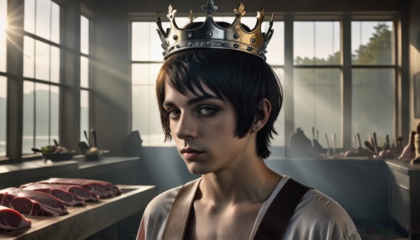 solo,looking at viewer,short hair,bangs,shirt,black hair,1boy,brown eyes,jewelry,closed mouth,white shirt,upper body,male focus,earrings,food,day,indoors,black eyes,lips,wet,window,table,sunlight,crown,plate,freckles,light rays,realistic,meat,1girl,grey eyes,portrait,chicken (food),mole on cheek,steak