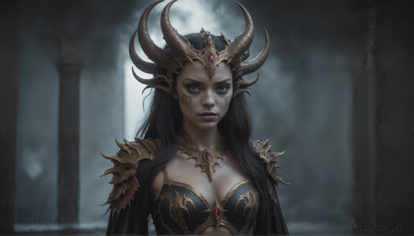 HQ,1girl,solo,long hair,breasts,looking at viewer,blue eyes,large breasts,black hair,cleavage,jewelry,medium breasts,upper body,outdoors,horns,armor,blurry,lips,tattoo,makeup,blurry background,facial mark,shoulder armor,gem,pale skin,pauldrons,realistic,shoulder pads,pillar,brown eyes,yellow eyes,parted lips,pointy ears,cape,lipstick,fake horns,fog