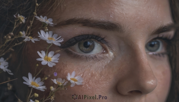 1girl, solo, looking at viewer, brown hair, brown eyes, closed mouth, flower, eyelashes, white flower, portrait, close-up, freckles, realistic, eye focus