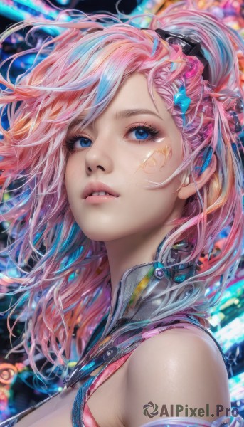 1girl,solo,long hair,breasts,looking at viewer,bangs,blue eyes,hair ornament,bare shoulders,medium breasts,upper body,pink hair,multicolored hair,parted lips,teeth,blurry,lips,eyelashes,makeup,floating hair,blurry background,portrait,zipper,science fiction,realistic,nose,cyberpunk,blue hair,ponytail,from side