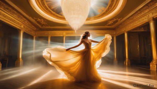 1girl,solo,long hair,brown hair,dress,bare shoulders,jewelry,standing,closed eyes,braid,indoors,from behind,strapless,sunlight,outstretched arms,strapless dress,backless outfit,skirt hold,long dress,light,dancing,yellow dress,backless dress,wide shot,pillar,chandelier,breasts,black hair,full body,dark skin,dark-skinned female,profile,single hair bun,light rays,facing away,column