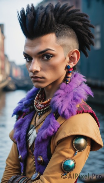 1girl,solo,looking at viewer,short hair,black hair,gloves,long sleeves,1boy,jewelry,closed mouth,upper body,male focus,earrings,outdoors,dark skin,necklace,blurry,black eyes,vest,bracelet,lips,fur trim,blurry background,feathers,spiked hair,beads,realistic,nose,brown eyes,jacket,water,dark-skinned female,grey eyes,gem,fur collar,asymmetrical hair,facepaint,very short hair,undercut,mohawk