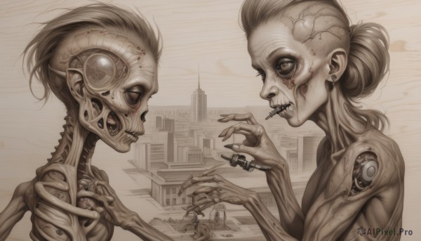 1girl,open mouth,multiple girls,1boy,jewelry,monochrome,earrings,teeth,hair bun,looking at another,from side,single hair bun,robot,building,science fiction,city,size difference,giant,giantess,sepia,cyborg,alien,surreal,mechanical parts,upper body,profile,piercing,veins,skull,cityscape,ribs,skeleton,horror (theme),brown theme,cyberpunk