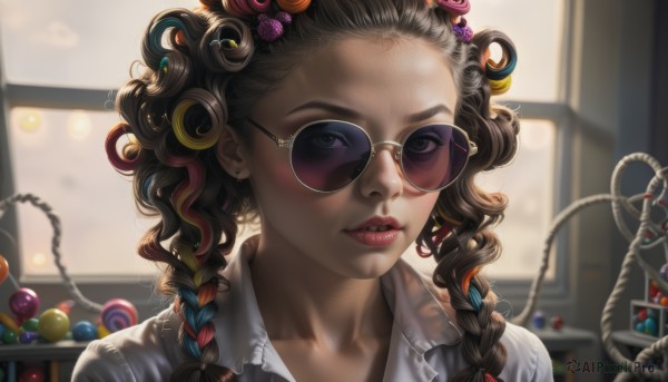 1girl,solo,long hair,looking at viewer,blush,brown hair,shirt,black hair,hair ornament,brown eyes,jewelry,white shirt,upper body,braid,flower,multicolored hair,earrings,parted lips,glasses,collared shirt,indoors,hair flower,blurry,black eyes,twin braids,two-tone hair,lips,streaked hair,eyelashes,window,makeup,depth of field,blurry background,sunglasses,lipstick,portrait,backlighting,curly hair,realistic,nose,round eyewear,red lips,stud earrings,tinted eyewear,mascara,multiple braids,aviator sunglasses,forehead,purple-tinted eyewear