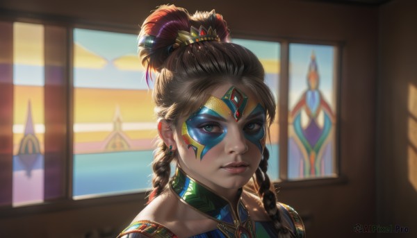 1girl,solo,long hair,looking at viewer,bangs,brown hair,hair ornament,bare shoulders,brown eyes,jewelry,collarbone,braid,earrings,parted lips,artist name,indoors,blurry,twin braids,lips,window,makeup,mask,blurry background,feathers,gem,portrait,eyeshadow,nose,feather hair ornament,facepaint,blue eyes,black hair,facial mark,lipstick,backlighting,realistic,forehead jewel