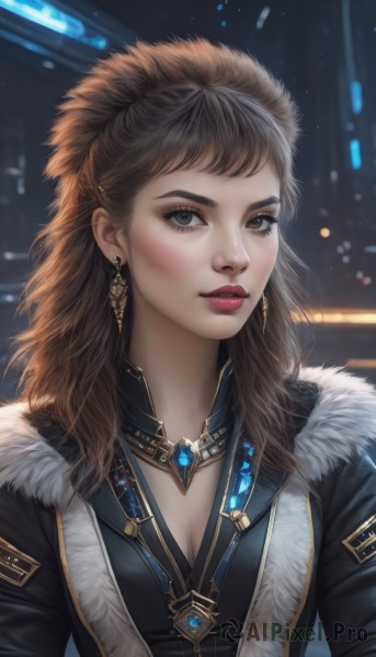 1girl,solo,long hair,breasts,looking at viewer,brown hair,cleavage,brown eyes,jewelry,medium breasts,jacket,upper body,earrings,parted lips,necklace,blurry,lips,coat,fur trim,eyelashes,makeup,blurry background,lipstick,gem,eyeshadow,realistic,nose,red lips,bangs,artist name,black jacket