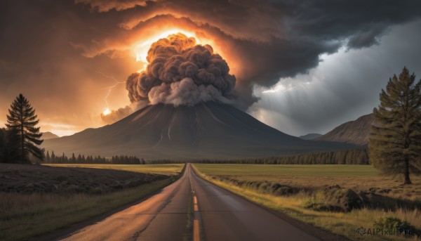 outdoors,sky,day,cloud,tree,no humans,sunlight,cloudy sky,grass,nature,scenery,forest,sunset,mountain,sun,road,lightning,landscape,hill,fire,building,smoke,electricity,explosion