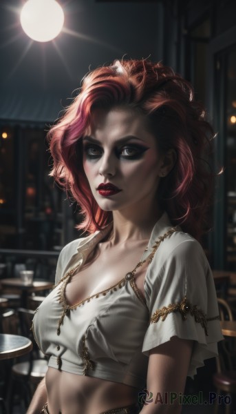 1girl,solo,long hair,breasts,looking at viewer,shirt,navel,cleavage,jewelry,medium breasts,collarbone,white shirt,upper body,short sleeves,red hair,multicolored hair,earrings,midriff,indoors,necklace,blurry,lips,crop top,eyelashes,makeup,blurry background,chair,piercing,table,lipstick,messy hair,eyeshadow,freckles,curly hair,realistic,red lips,mascara,short hair,brown eyes,artist name,tattoo,instrument,stud earrings