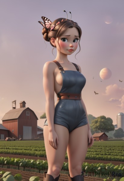 1girl,solo,breasts,looking at viewer,blush,short hair,blue eyes,brown hair,hair ornament,bare shoulders,medium breasts,closed mouth,standing,thighs,hairband,boots,outdoors,sky,cloud,hair bun,tree,lips,bare arms,no bra,sideboob,bird,leaf,moon,single hair bun,knee boots,grass,bug,building,butterfly,arms at sides,butterfly hair ornament,overalls,house,blue overalls,naked overalls,overall shorts,brown eyes,shorts,socks,feet out of frame,brown footwear,nose