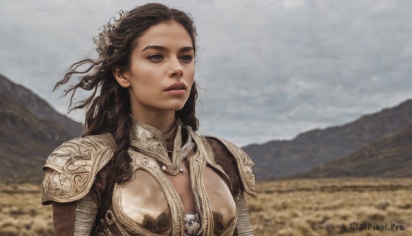 1girl,solo,long hair,breasts,blue eyes,brown hair,hair ornament,cleavage,medium breasts,upper body,braid,outdoors,parted lips,sky,day,cloud,armor,blurry,lips,looking to the side,looking away,bandages,shoulder armor,pauldrons,mountain,realistic,looking afar,brown eyes