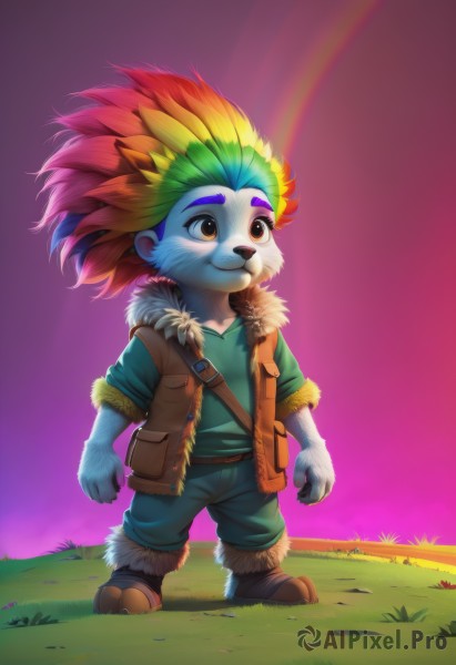 solo,smile,shirt,1boy,brown eyes,closed mouth,standing,full body,male focus,red hair,multicolored hair,boots,outdoors,green hair,pants,artist name,orange hair,vest,fur trim,brown footwear,thick eyebrows,grass,looking up,child,furry,sunset,furry male,male child,body fur,rainbow,fur,animal nose,brown vest,rainbow hair,1girl,animal ears,blue hair,jacket,open clothes,sky,belt,two-tone hair,colored skin,watermark,web address,open vest