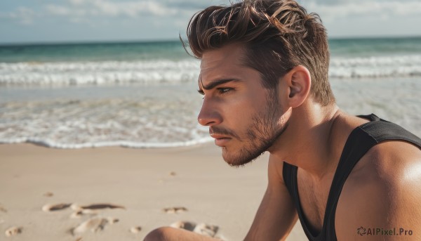 solo,short hair,brown hair,black hair,1boy,closed mouth,upper body,male focus,outdoors,day,water,blurry,from side,muscular,blurry background,facial hair,ocean,beach,tank top,pectorals,muscular male,bara,beard,mature male,realistic,mustache,sand,stubble,chest hair,black tank top,arm hair,bare shoulders,brown eyes,sky,cloud,portrait,close-up,shore